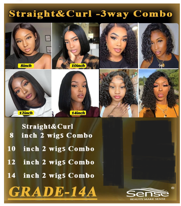 3-Way Closure Wig Combo - Straight & Curly (8", 10", 12", 14" – Grade 14A)